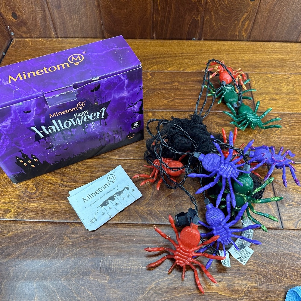 Halloween String Lights 7.8 Feet Spider Web Black Mesh Cloth and Orange Green